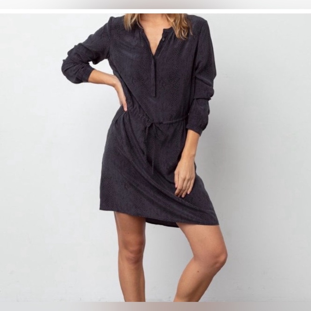 Rails 100% Silk, Black/Charcoal, Long Sleeve, Midi Dress With Subtle Cobra Print
